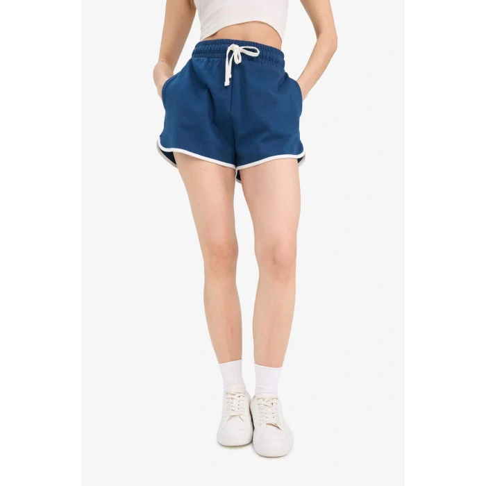 Defacto A6224 İndigo Coool Regular Fit Beli Lastikli Bağcıklı Cepli Kalın Mini Şort