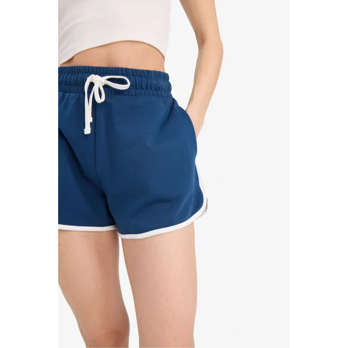 Defacto A6224 İndigo Coool Regular Fit Beli Lastikli Bağcıklı Cepli Kalın Mini Şort