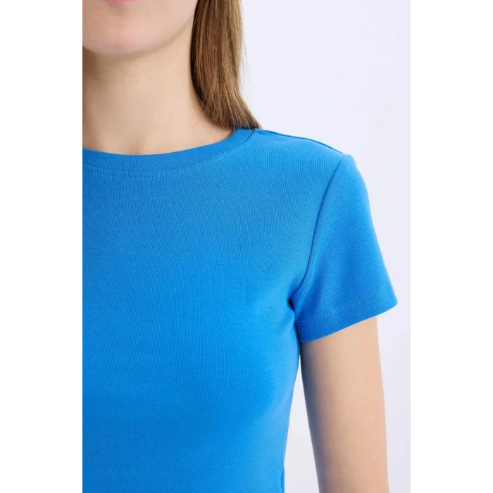 Defacto E0288 Mavi Coool Fitted Bisiklet Yaka Ribana Kısa Kollu Tişört