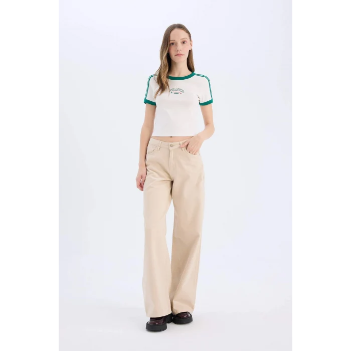 Defacto E0333 Beyaz Coool Fitted Baskılı Ribana Kısa Kollu Tişört