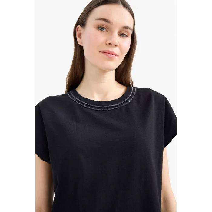 Defacto E1159 Siyah Bisiklet Yaka Basic Düz Flamlı Pamuk Kısa Kollu Siyah Tişört