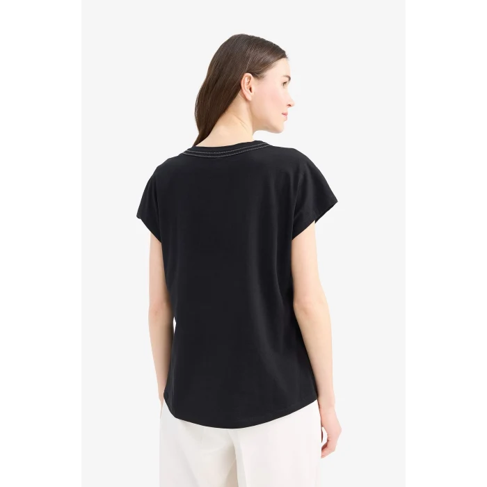 Defacto E1159 Siyah Bisiklet Yaka Basic Düz Flamlı Pamuk Kısa Kollu Siyah Tişört