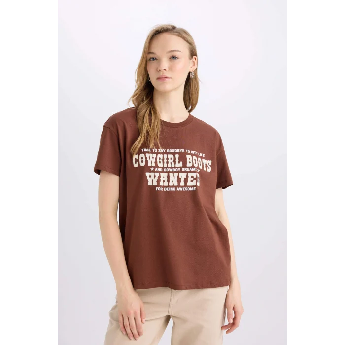 Defacto E5232 Kahve Regular Fit Bisiklet Yaka Baskılı Kısa Kollu Tişört