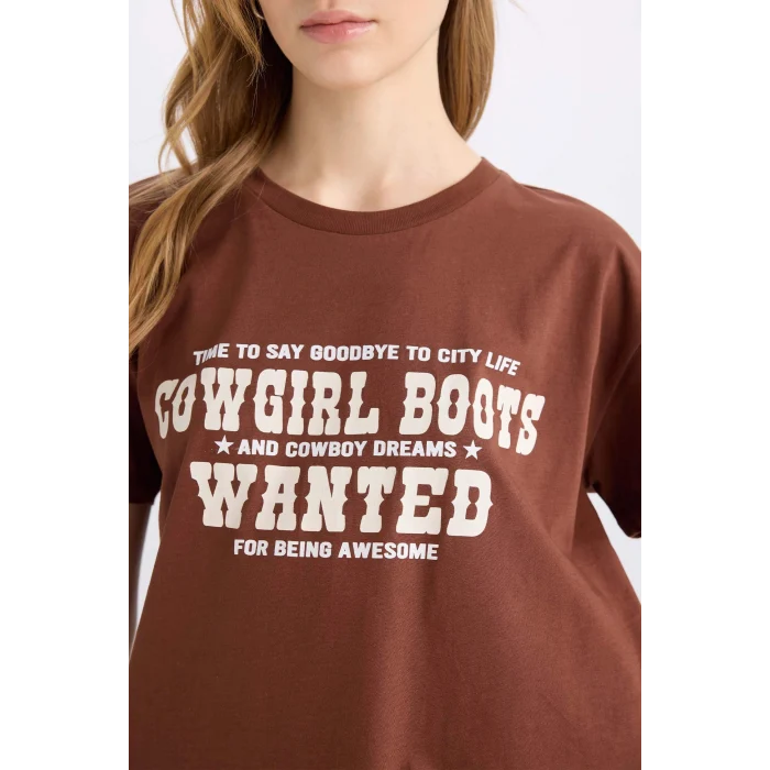 Defacto E5232 Kahve Regular Fit Bisiklet Yaka Baskılı Kısa Kollu Tişört