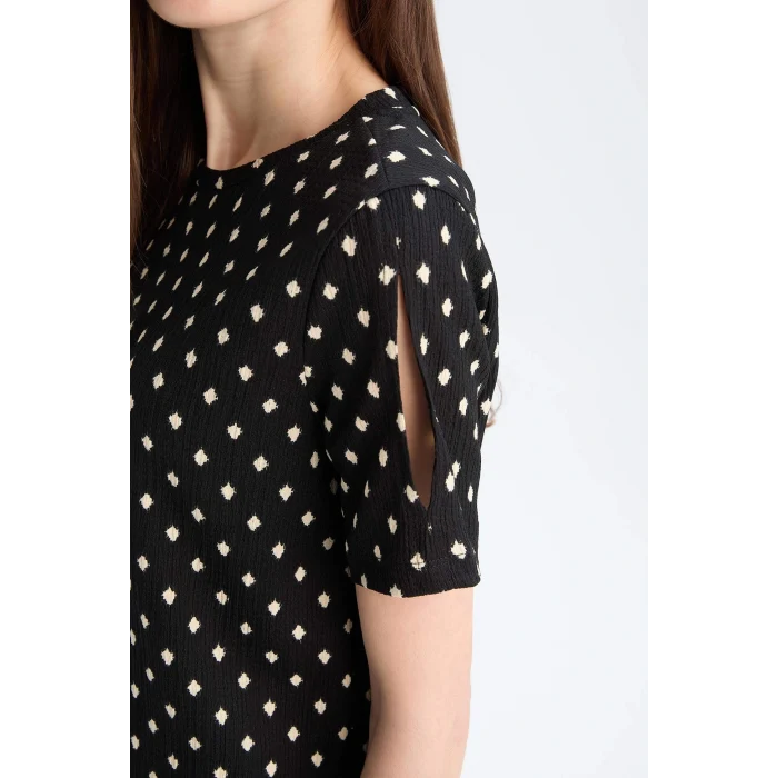 Defacto E7324 Siyah  Regular Fit Bisiklet Yaka Desenli Bürümcük Kısa Kollu Tişört