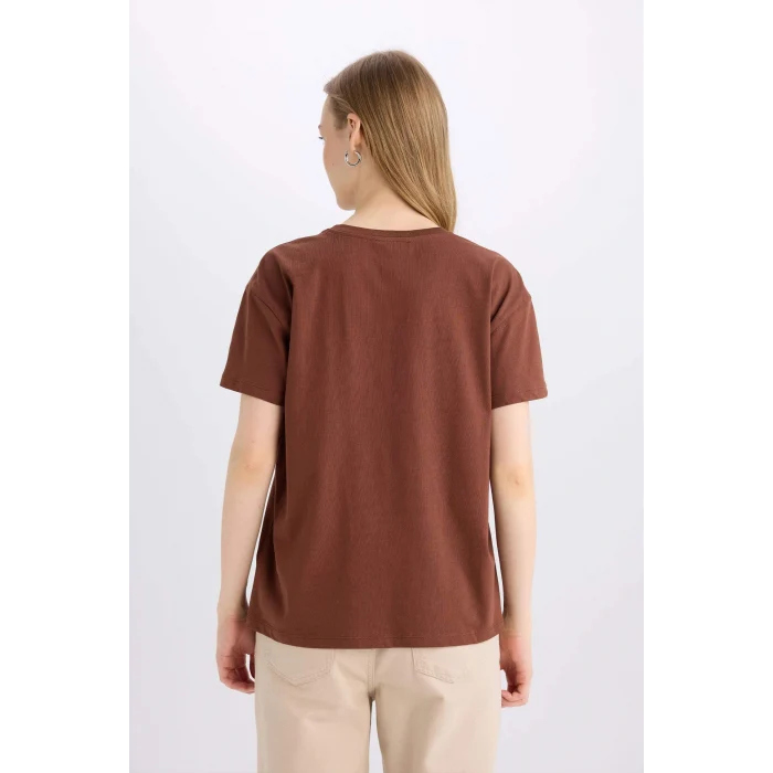 Defacto E5232 Kahve Regular Fit Bisiklet Yaka Baskılı Kısa Kollu Tişört