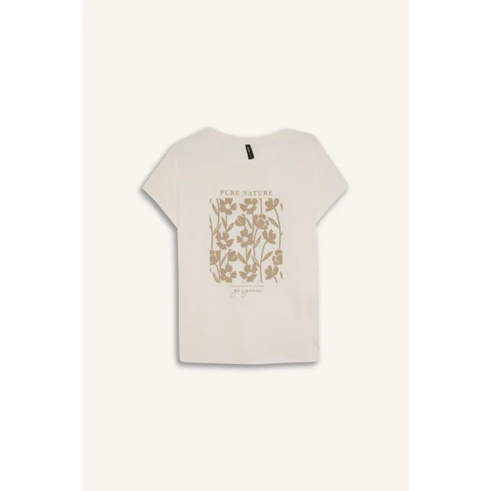 Defacto E1162 Ekru Regular Fit Bisiklet Yaka Çiçekli Kısa Kollu Tişört