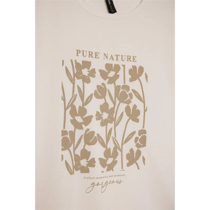 Defacto E1162 Ekru Regular Fit Bisiklet Yaka Çiçekli Kısa Kollu Tişört