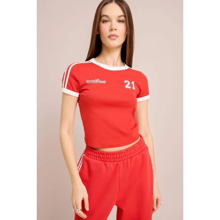 Defacto E0332 Kırmızı Coool Fitted Baskılı Ribana Kısa Kollu Tişört