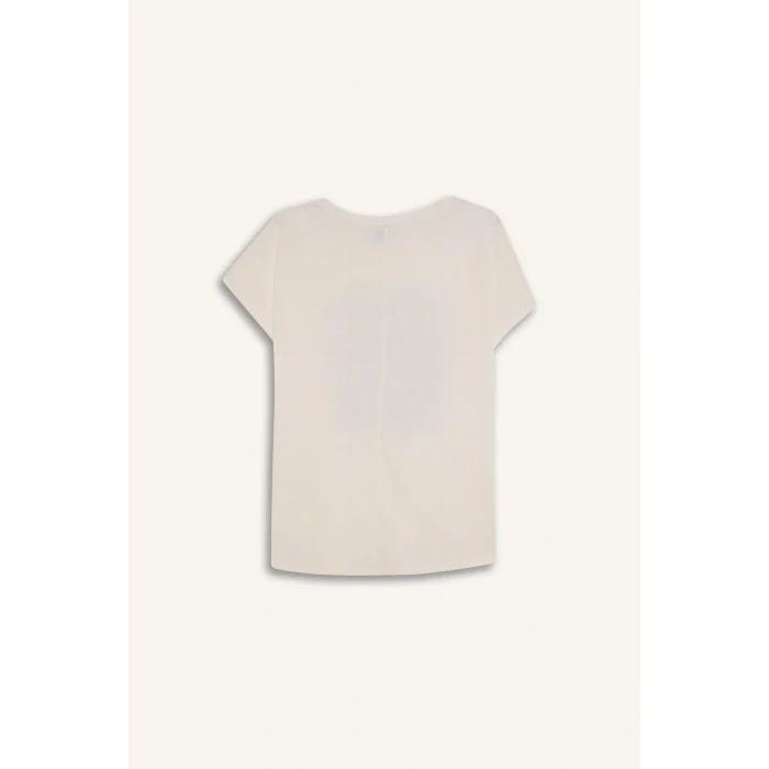 Defacto E1162 Ekru Regular Fit Bisiklet Yaka Çiçekli Kısa Kollu Tişört