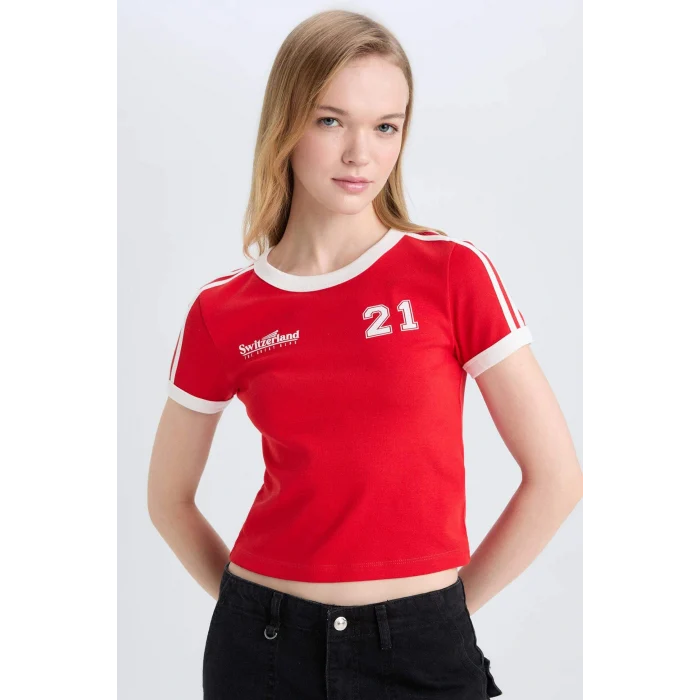Defacto E0332 Kırmızı Coool Fitted Baskılı Ribana Kısa Kollu Tişört