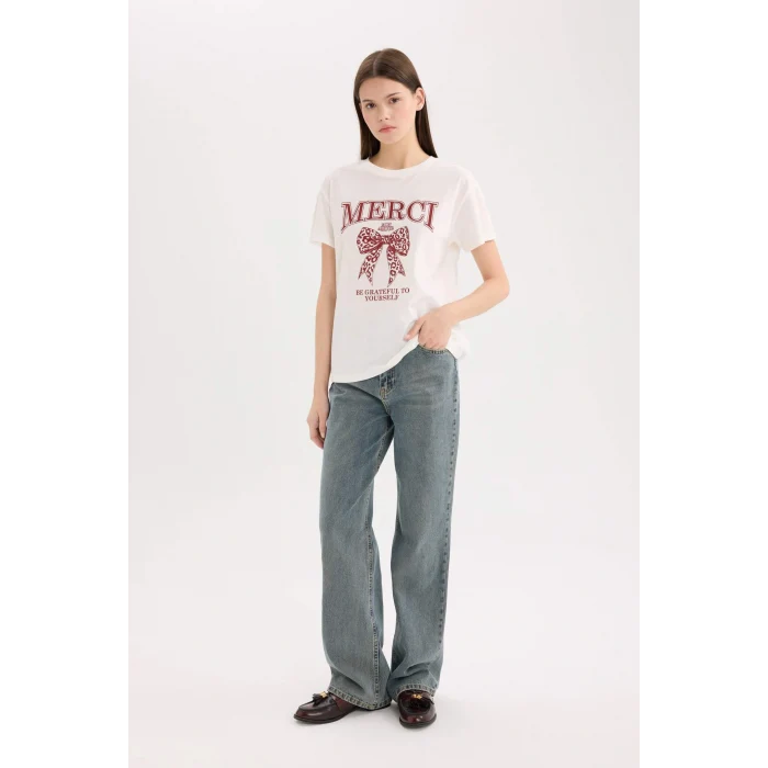 Defacto D9606 Beyaz Regular Fit Bisiklet Yaka Baskılı Kısa Kollu Tişört