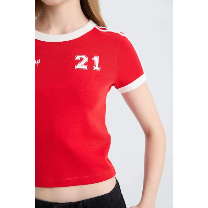 Defacto E0332 Kırmızı Coool Fitted Baskılı Ribana Kısa Kollu Tişört