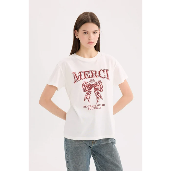 Defacto D9606 Beyaz Regular Fit Bisiklet Yaka Baskılı Kısa Kollu Tişört