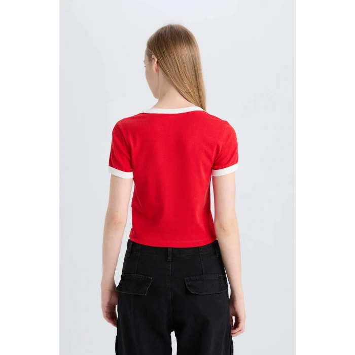 Defacto E0332 Kırmızı Coool Fitted Baskılı Ribana Kısa Kollu Tişört