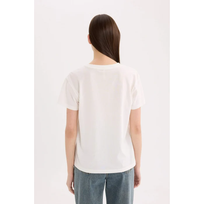 Defacto D9606 Beyaz Regular Fit Bisiklet Yaka Baskılı Kısa Kollu Tişört