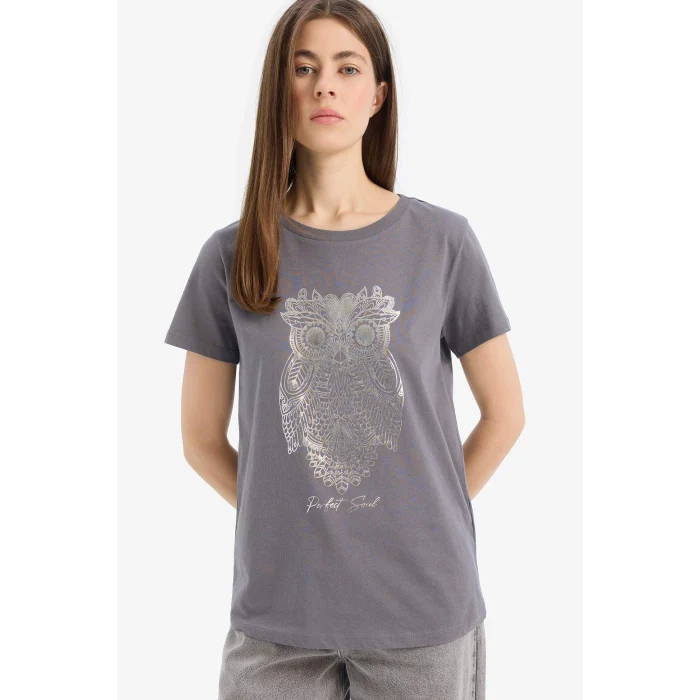 Defacto E5137 Gri Regular Fit Bisiklet Yaka Baykuş Desenli Penye Kısa Kollu Tişört