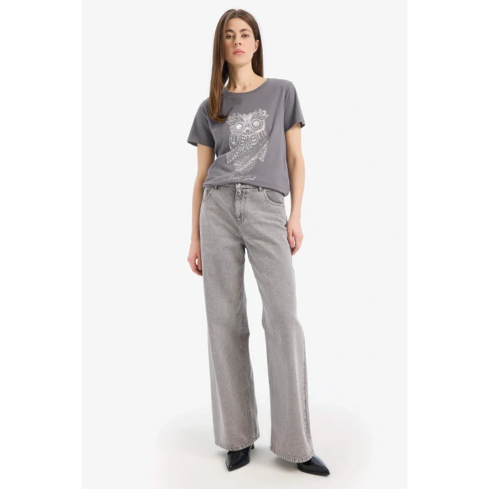 Defacto E5137 Gri Regular Fit Bisiklet Yaka Baykuş Desenli Penye Kısa Kollu Tişört