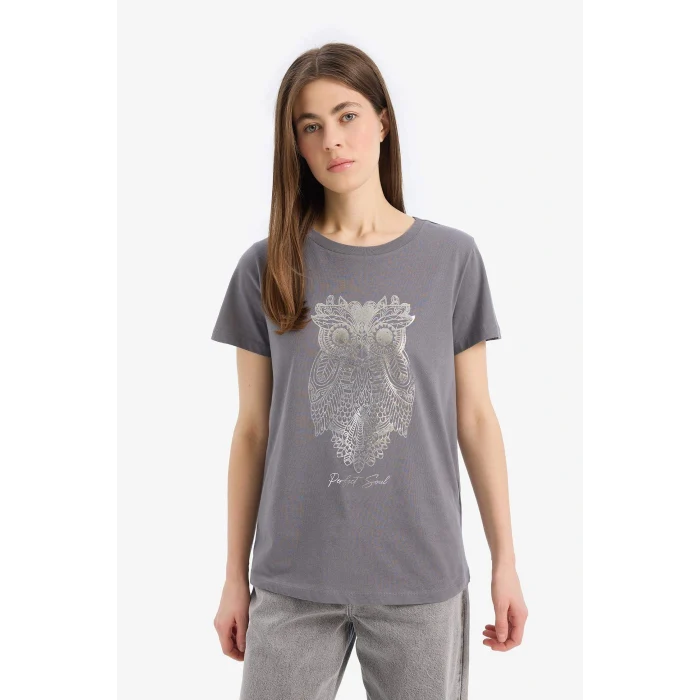 Defacto E5137 Gri Regular Fit Bisiklet Yaka Baykuş Desenli Penye Kısa Kollu Tişört