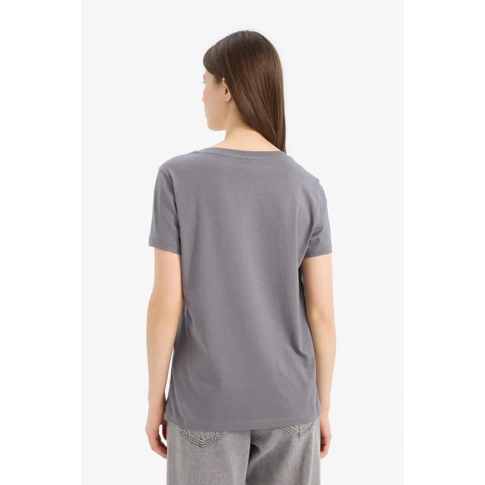 Defacto E5137 Gri Regular Fit Bisiklet Yaka Baykuş Desenli Penye Kısa Kollu Tişört