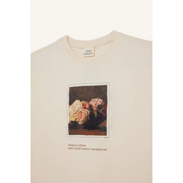 Defacto D9270 Ekru Kız Çocuk Oversize Geniş Kalıp Bisiklet Yaka Baskılı Kısa Kollu Tişört