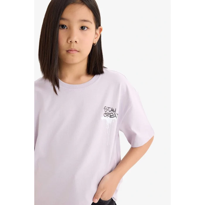 Defacto E0357 Mor Kız Çocuk Oversize Geniş Kalıp Bisiklet Yaka Sırt Baskılı Kısa Kollu Tişört