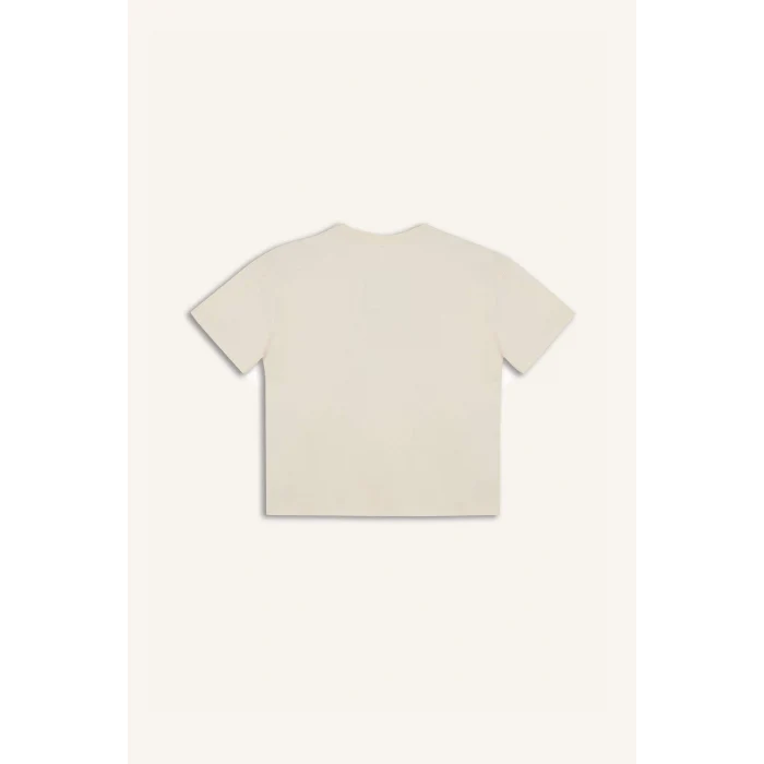 Defacto D9270 Ekru Kız Çocuk Oversize Geniş Kalıp Bisiklet Yaka Baskılı Kısa Kollu Tişört