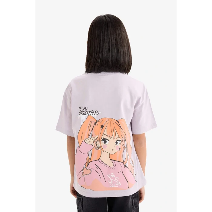 Defacto E0357 Mor Kız Çocuk Oversize Geniş Kalıp Bisiklet Yaka Sırt Baskılı Kısa Kollu Tişört