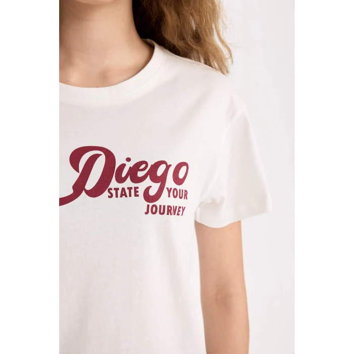 Defacto D9598 Beyaz Regular Fit Bisiklet Yaka Baskılı Kısa Kollu Tişört