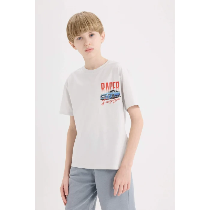 Defacto D9266 Gri Erkek Çocuk Bisiklet Yaka Sırt Baskılı Kısa Kollu Tişört