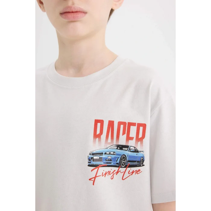 Defacto D9266 Gri Erkek Çocuk Bisiklet Yaka Sırt Baskılı Kısa Kollu Tişört