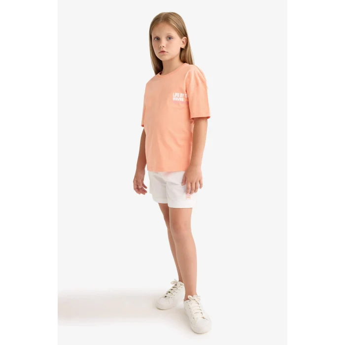 Defacto E0354 Turuncu Kız Çocuk Relax Fit Bisiklet Yaka Sırt Baskılı Kısa Kollu Tişört