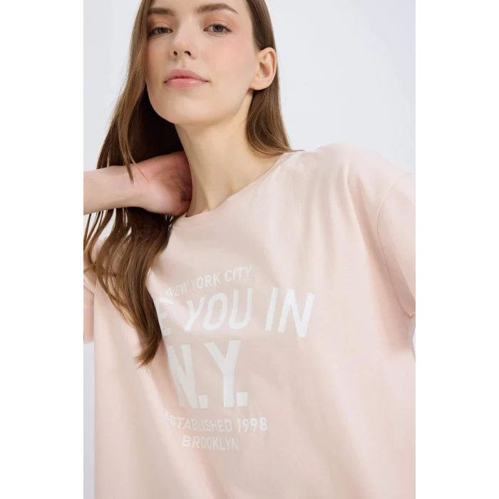 Defacto E0720 Pembe Regular Fit Bisiklet Yaka Baskılı Kısa Kollu Tişört