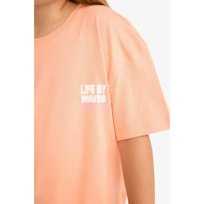 Defacto E0354 Turuncu Kız Çocuk Relax Fit Bisiklet Yaka Sırt Baskılı Kısa Kollu Tişört