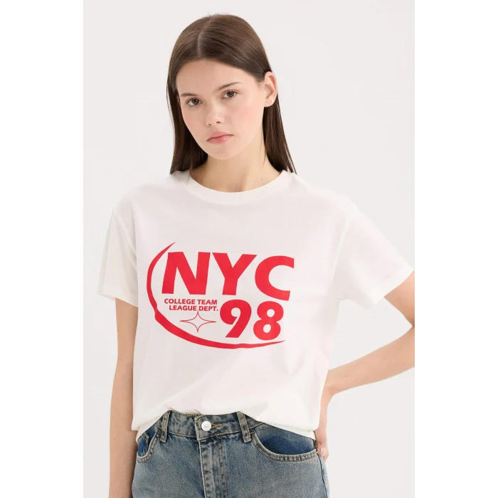 Defacto D9603 Beyaz Regular Fit Bisiklet Yaka Baskılı Kısa Kollu Tişört