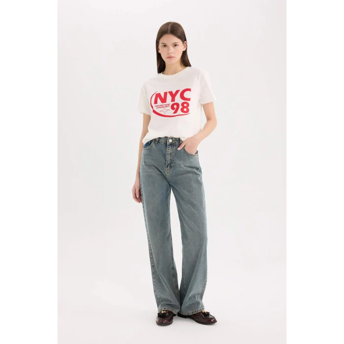 Defacto D9603 Beyaz Regular Fit Bisiklet Yaka Baskılı Kısa Kollu Tişört