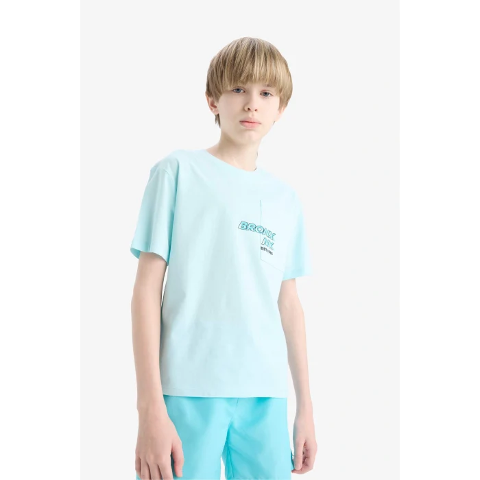 Defacto E0098 Turkuaz Erkek Çocuk Bisiklet Yaka Baskılı Kısa Kollu Tişört