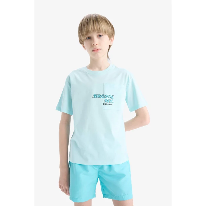 Defacto E0098 Turkuaz Erkek Çocuk Bisiklet Yaka Baskılı Kısa Kollu Tişört