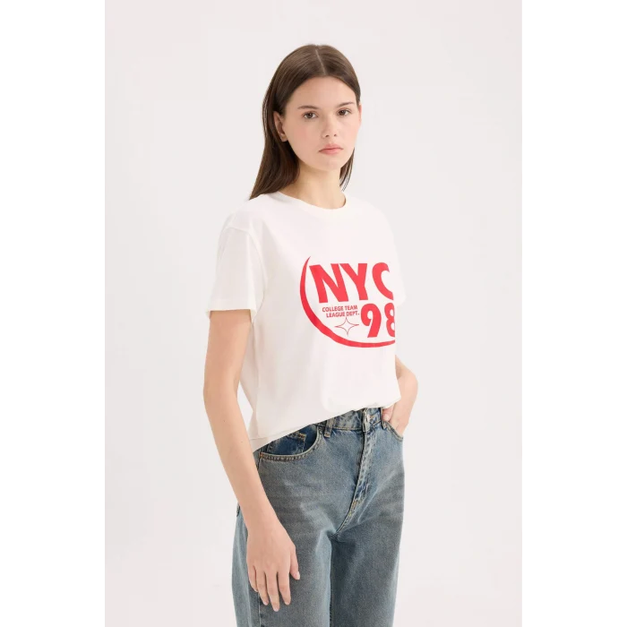 Defacto D9603 Beyaz Regular Fit Bisiklet Yaka Baskılı Kısa Kollu Tişört