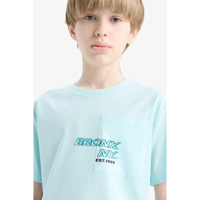 Defacto E0098 Turkuaz Erkek Çocuk Bisiklet Yaka Baskılı Kısa Kollu Tişört