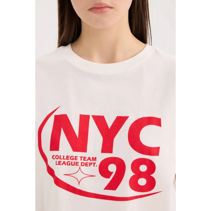 Defacto D9603 Beyaz Regular Fit Bisiklet Yaka Baskılı Kısa Kollu Tişört