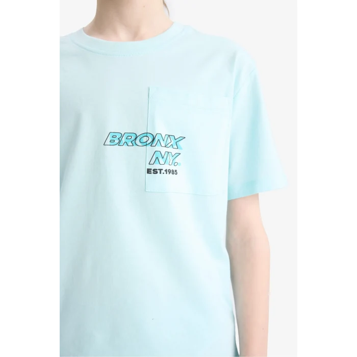 Defacto E0098 Turkuaz Erkek Çocuk Bisiklet Yaka Baskılı Kısa Kollu Tişört