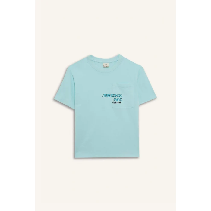 Defacto E0098 Turkuaz Erkek Çocuk Bisiklet Yaka Baskılı Kısa Kollu Tişört
