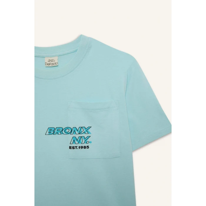 Defacto E0098 Turkuaz Erkek Çocuk Bisiklet Yaka Baskılı Kısa Kollu Tişört