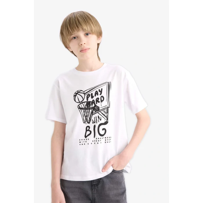 Defacto F0170 Beyaz Erkek Çocuk Bisiklet Yaka Baskılı Kısa Kollu Tişört