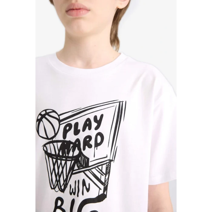 Defacto F0170 Beyaz Erkek Çocuk Bisiklet Yaka Baskılı Kısa Kollu Tişört