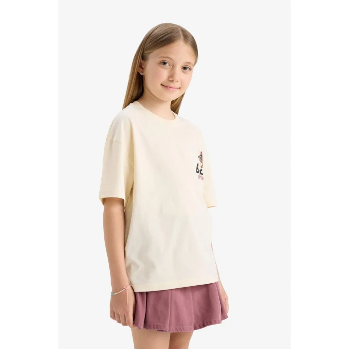 Defacto E0357 Ekru Kız Çocuk Oversize Geniş Kalıp Bisiklet Yaka Sırt Baskılı Kısa Kollu Tişört
