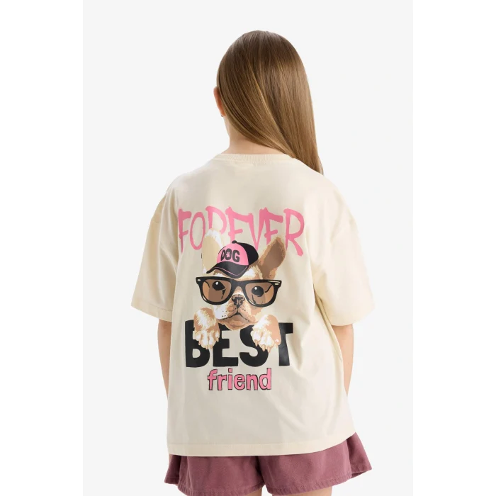 Defacto E0357 Ekru Kız Çocuk Oversize Geniş Kalıp Bisiklet Yaka Sırt Baskılı Kısa Kollu Tişört