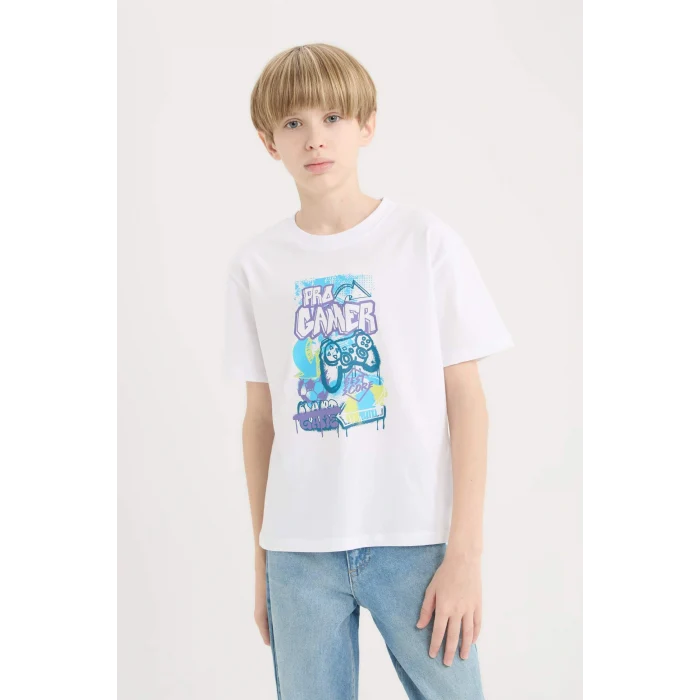 Defacto E0085 Beyaz Erkek Çocuk Bisiklet Yaka Baskılı Kısa Kollu Tişört