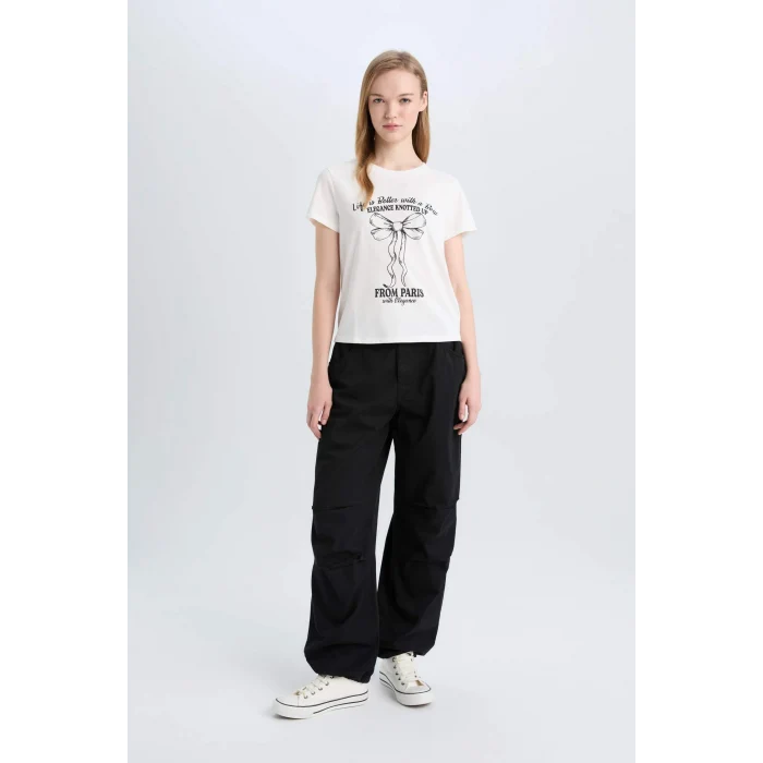 Defacto E0629 Beyaz Coool Regular Fit Bisiklet Yaka Baskılı Kısa Kollu Tişört